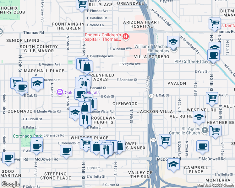 map of restaurants, bars, coffee shops, grocery stores, and more near 1817 East Oak Street in Phoenix