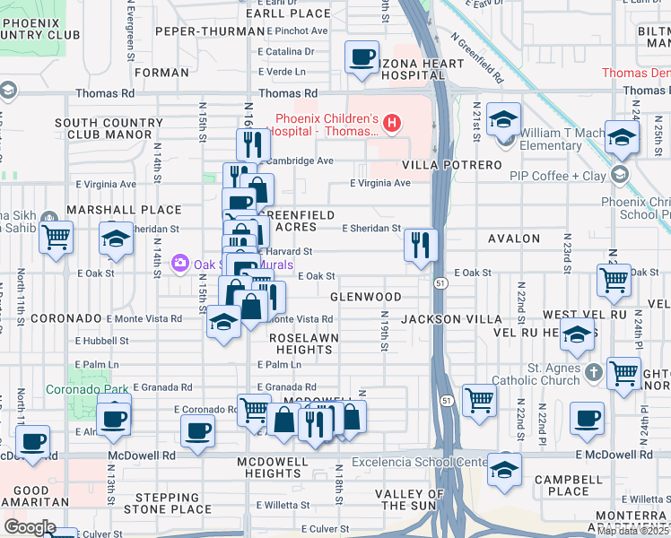 map of restaurants, bars, coffee shops, grocery stores, and more near 1729 East Oak Street in Phoenix