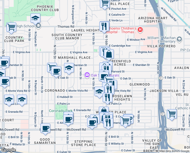 map of restaurants, bars, coffee shops, grocery stores, and more near 2232 North 15th Street in Phoenix