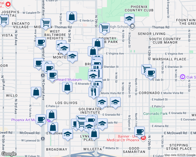 map of restaurants, bars, coffee shops, grocery stores, and more near in Phoenix