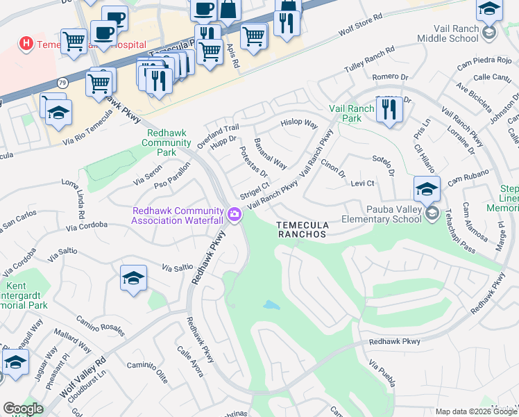 map of restaurants, bars, coffee shops, grocery stores, and more near 32495 Vail Ranch Parkway in Temecula