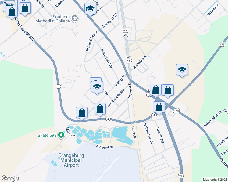 map of restaurants, bars, coffee shops, grocery stores, and more near 260 Seminole Drive in Orangeburg