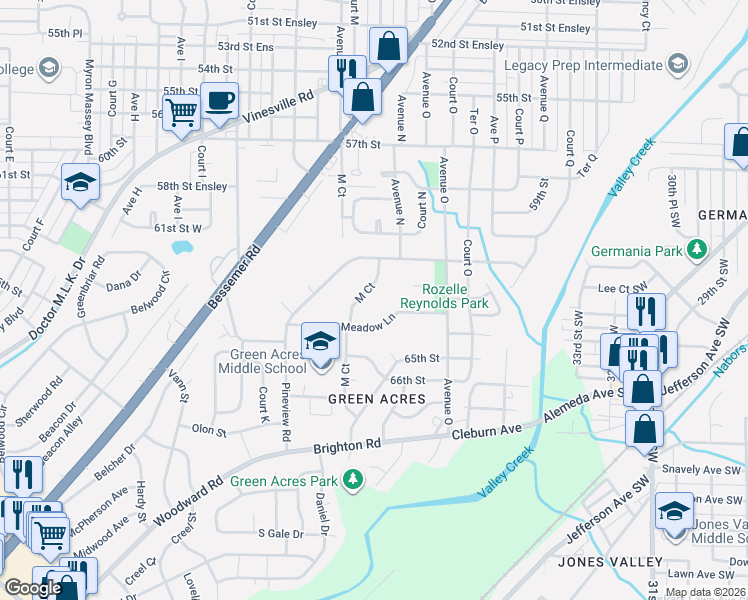 map of restaurants, bars, coffee shops, grocery stores, and more near 1316 Meadow Lane in Birmingham