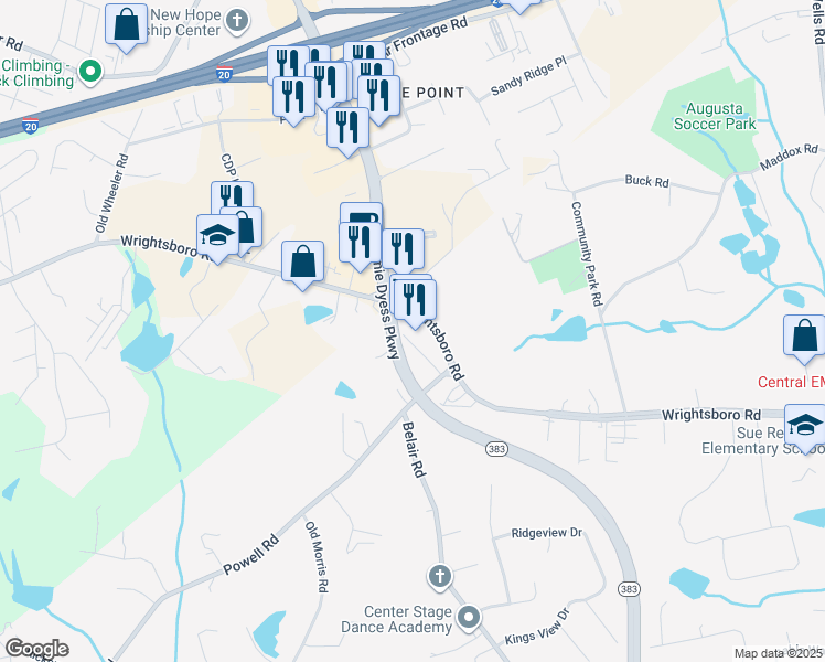 map of restaurants, bars, coffee shops, grocery stores, and more near 4073 Jimmie Dyess Parkway in Augusta