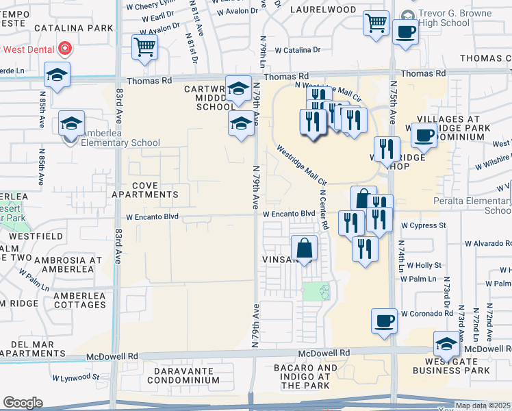 map of restaurants, bars, coffee shops, grocery stores, and more near 2341 North 79th Avenue in Phoenix