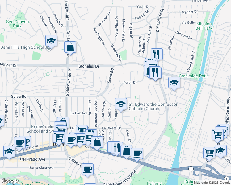 map of restaurants, bars, coffee shops, grocery stores, and more near 25151 Via Playa in Dana Point