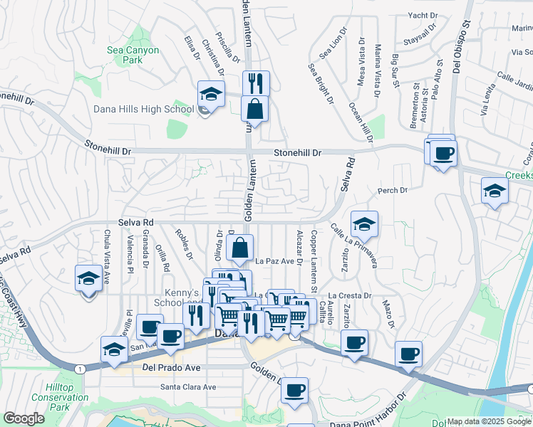 map of restaurants, bars, coffee shops, grocery stores, and more near 24832 Sunstar Lane in Dana Point