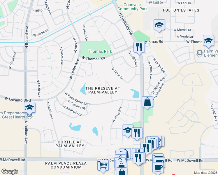 map of restaurants, bars, coffee shops, grocery stores, and more near 14223 West Harvard Street in Goodyear
