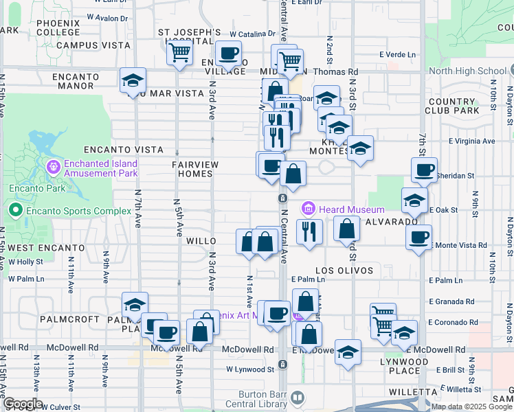 map of restaurants, bars, coffee shops, grocery stores, and more near 41 West Encanto Boulevard in Phoenix