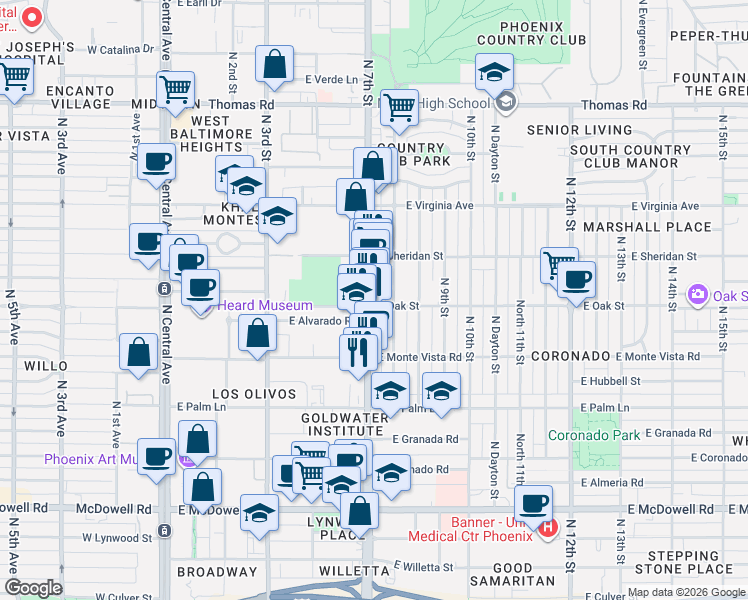 map of restaurants, bars, coffee shops, grocery stores, and more near in Phoenix