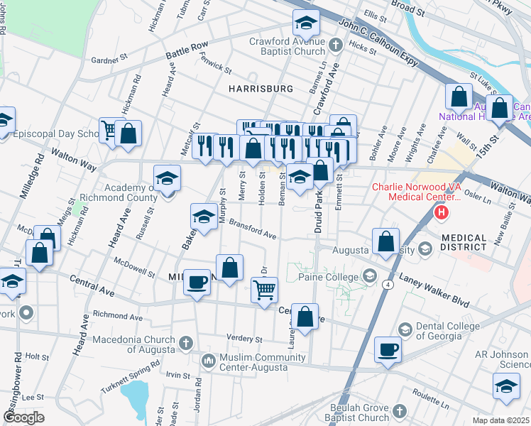 map of restaurants, bars, coffee shops, grocery stores, and more near 1006 Holden Street in Augusta