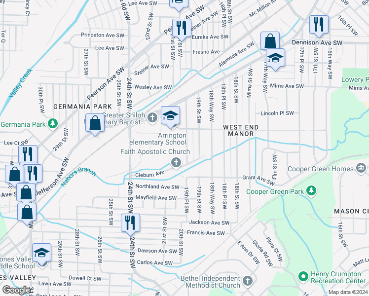 map of restaurants, bars, coffee shops, grocery stores, and more near 1500 19th Place Southwest in Birmingham