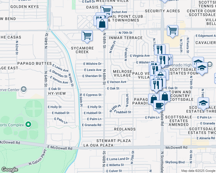 map of restaurants, bars, coffee shops, grocery stores, and more near 6801 East Oak Street in Scottsdale