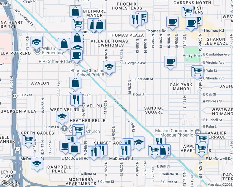 map of restaurants, bars, coffee shops, grocery stores, and more near 2302 North 27th Street in Phoenix