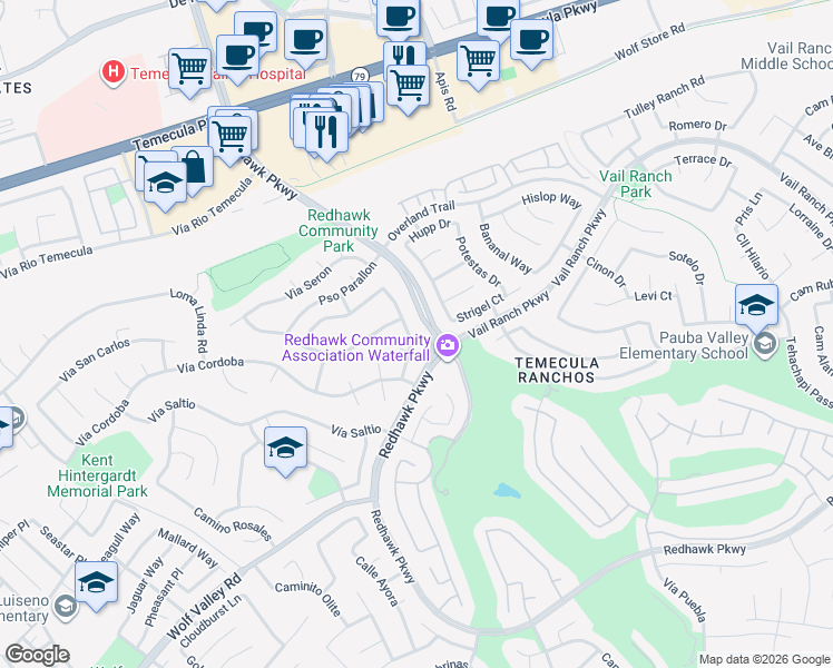 map of restaurants, bars, coffee shops, grocery stores, and more near 44982 Camino Veste in Temecula