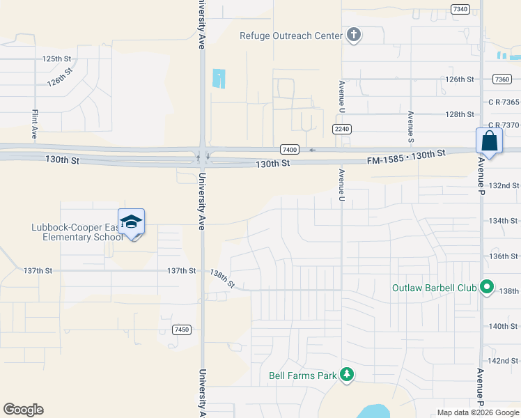 map of restaurants, bars, coffee shops, grocery stores, and more near 2103-2499 Farm to Market Road 1585 in Lubbock