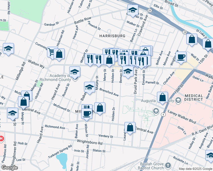 map of restaurants, bars, coffee shops, grocery stores, and more near 1006 Merry Street in Augusta