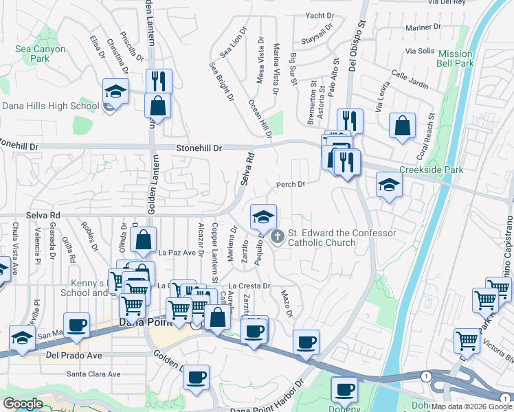 map of restaurants, bars, coffee shops, grocery stores, and more near 25151 Via Playa in Dana Point
