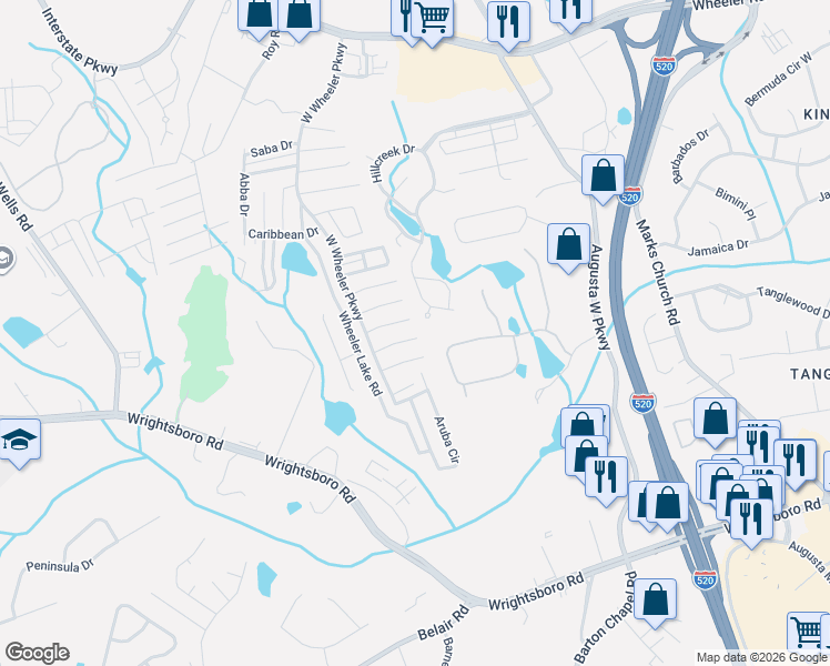 map of restaurants, bars, coffee shops, grocery stores, and more near 3030 Hillcreek Drive North in Augusta