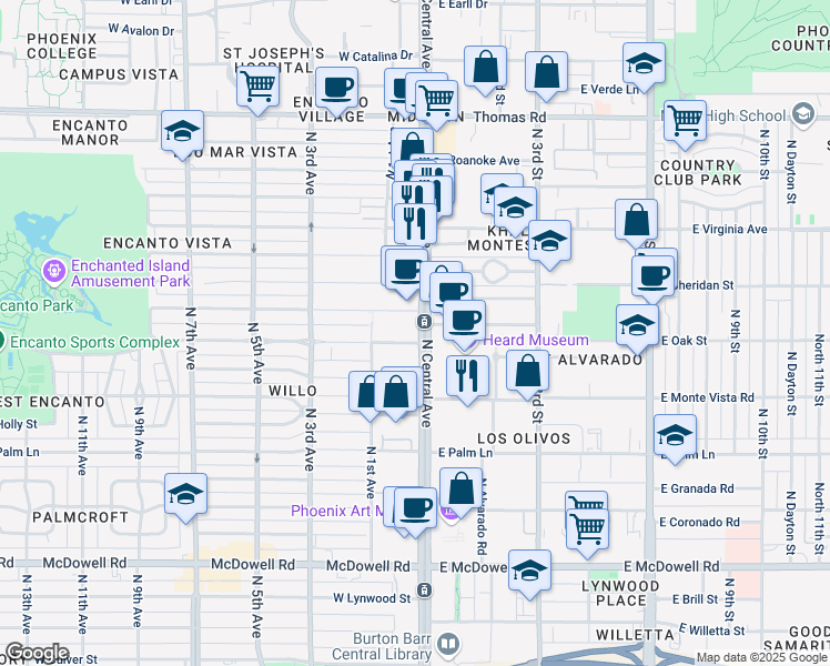 map of restaurants, bars, coffee shops, grocery stores, and more near 2323 North Central Avenue in Phoenix
