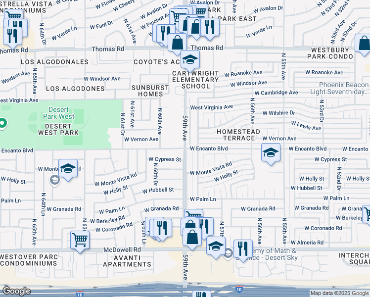 map of restaurants, bars, coffee shops, grocery stores, and more near North 59th Avenue & West Encanto Boulevard in Phoenix