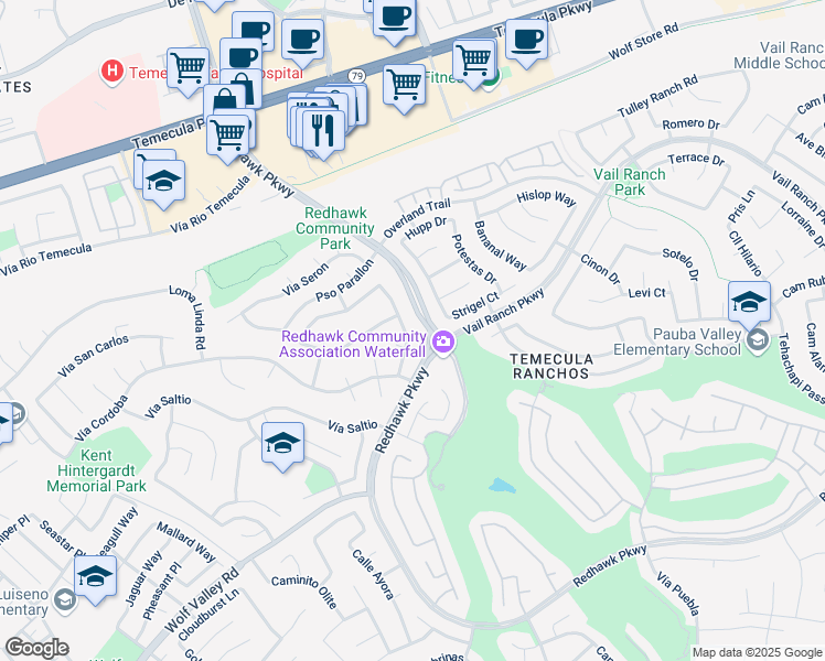 map of restaurants, bars, coffee shops, grocery stores, and more near 44982 Camino Veste in Temecula