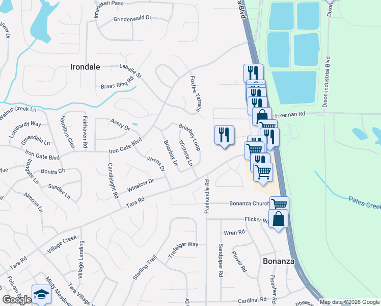 map of restaurants, bars, coffee shops, grocery stores, and more near 10312 Briarbay Loop in Jonesboro