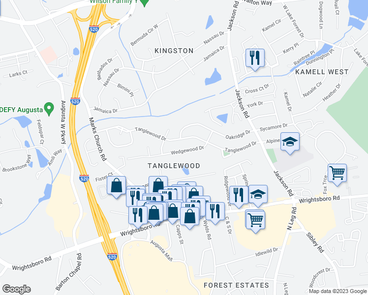 map of restaurants, bars, coffee shops, grocery stores, and more near 3341 Wedgewood Drive in Augusta