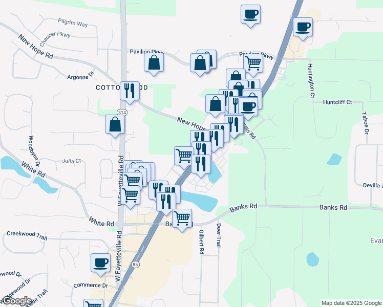 map of restaurants, bars, coffee shops, grocery stores, and more near 1150 Glynn Street North in Fayetteville