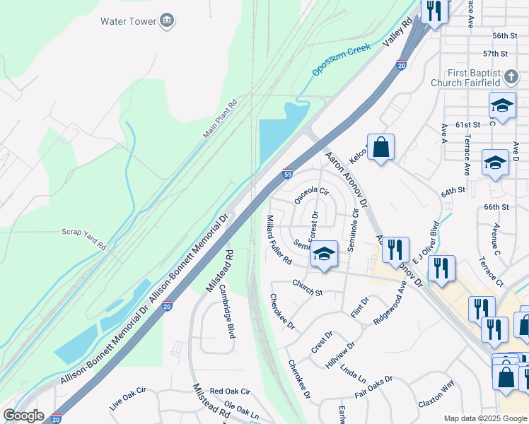 map of restaurants, bars, coffee shops, grocery stores, and more near 6516 Millard Fuller Road in Fairfield