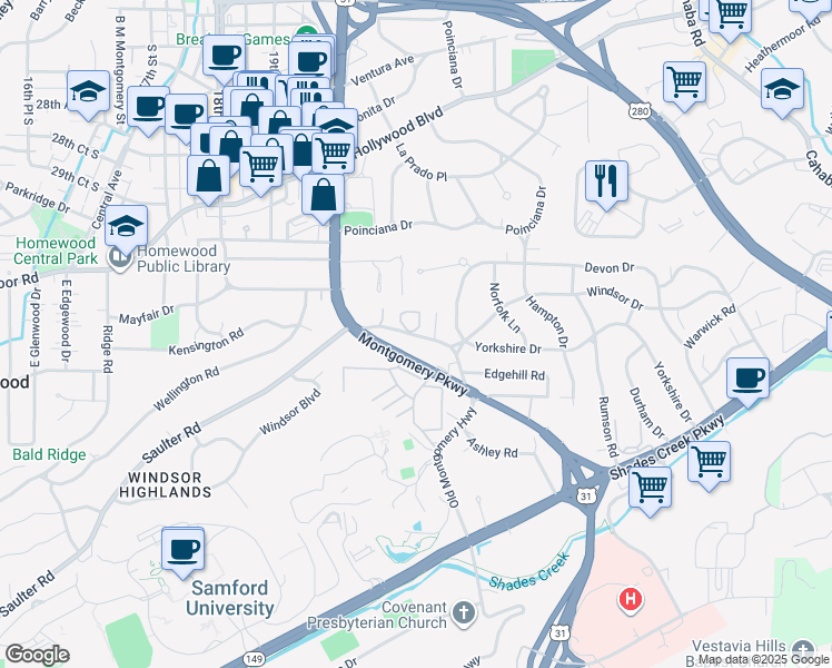 map of restaurants, bars, coffee shops, grocery stores, and more near 3331 Old Montgomery Highway in Homewood