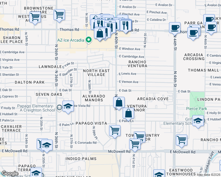 map of restaurants, bars, coffee shops, grocery stores, and more near 2324 North 40th Street in Phoenix