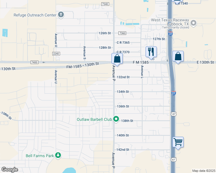 map of restaurants, bars, coffee shops, grocery stores, and more near 13200-13314 C R 2300 in Lubbock