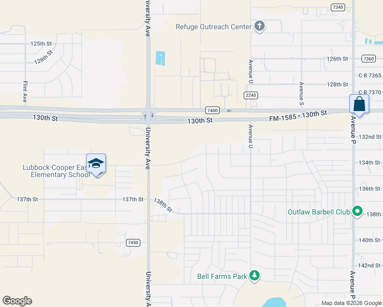 map of restaurants, bars, coffee shops, grocery stores, and more near 2103-2499 Farm to Market Road 1585 in Lubbock