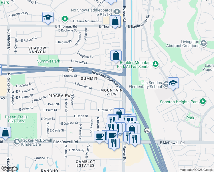map of restaurants, bars, coffee shops, grocery stores, and more near 6629 East Quartz Street in Mesa