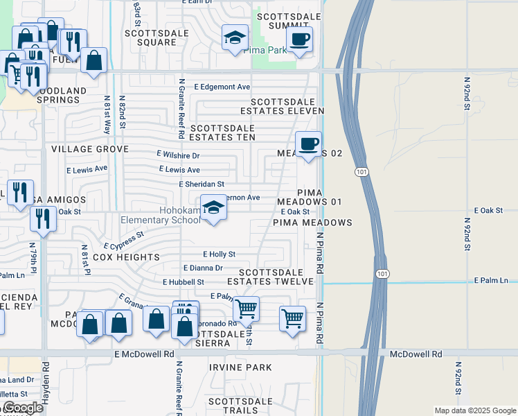 map of restaurants, bars, coffee shops, grocery stores, and more near 8614 East Vernon Avenue in Scottsdale