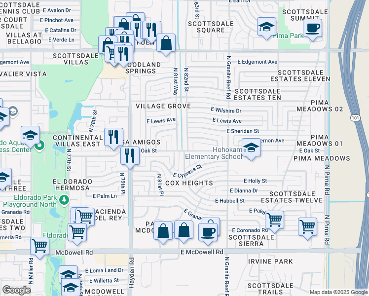 map of restaurants, bars, coffee shops, grocery stores, and more near 2323 North 81st Way in Scottsdale