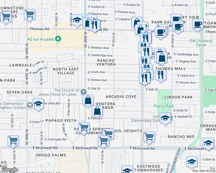 map of restaurants, bars, coffee shops, grocery stores, and more near 4141 East Vernon Avenue in Phoenix