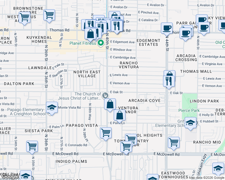 map of restaurants, bars, coffee shops, grocery stores, and more near 4017 East Vernon Avenue in Phoenix