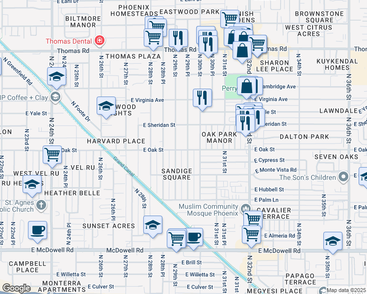 map of restaurants, bars, coffee shops, grocery stores, and more near 2324 North 29th Place in Phoenix