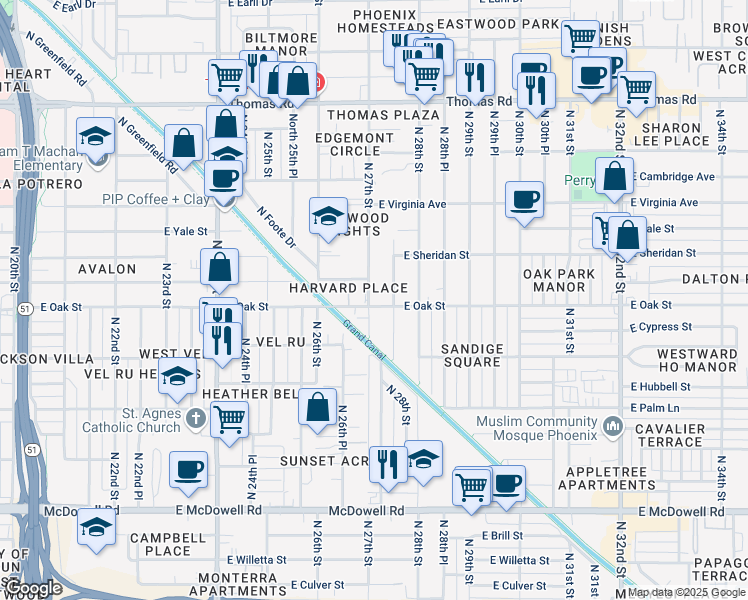 map of restaurants, bars, coffee shops, grocery stores, and more near 2320 North 27th Place in Phoenix