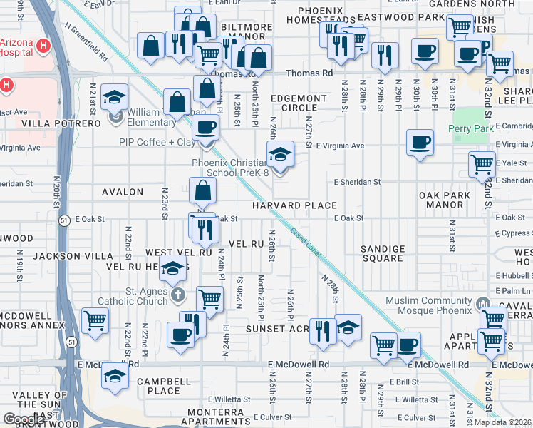 map of restaurants, bars, coffee shops, grocery stores, and more near 2416 North 26th Street in Phoenix