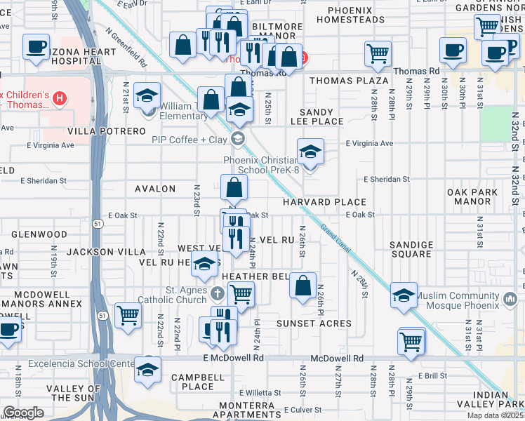 map of restaurants, bars, coffee shops, grocery stores, and more near 2430 East Harvard Street in Phoenix