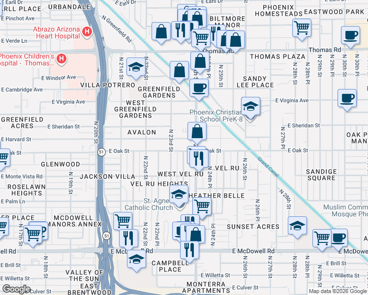 map of restaurants, bars, coffee shops, grocery stores, and more near 2308 East Harvard Street in Phoenix