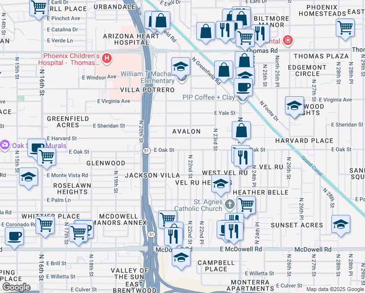 map of restaurants, bars, coffee shops, grocery stores, and more near 2142 East Harvard Street in Phoenix