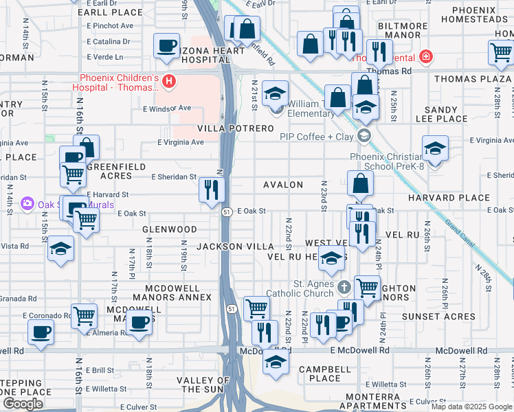map of restaurants, bars, coffee shops, grocery stores, and more near 2102 East Harvard Street in Phoenix