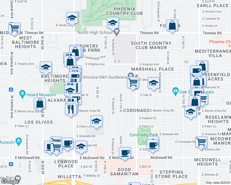 map of restaurants, bars, coffee shops, grocery stores, and more near 2330 North 11th Street in Phoenix