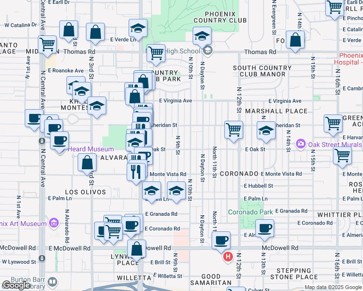 map of restaurants, bars, coffee shops, grocery stores, and more near 2326 North 9th Street in Phoenix