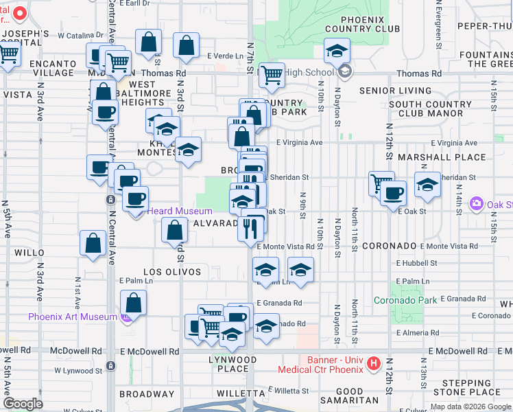 map of restaurants, bars, coffee shops, grocery stores, and more near 2323 North 7th Street in Phoenix
