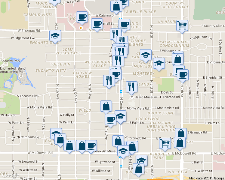 map of restaurants, bars, coffee shops, grocery stores, and more near 29 West Vernon Avenue in Phoenix